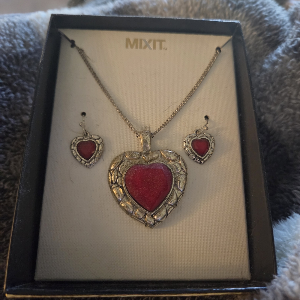 Mixit Gold-Tone Heart Pendant Necklace with Matching Red Heart Earrings